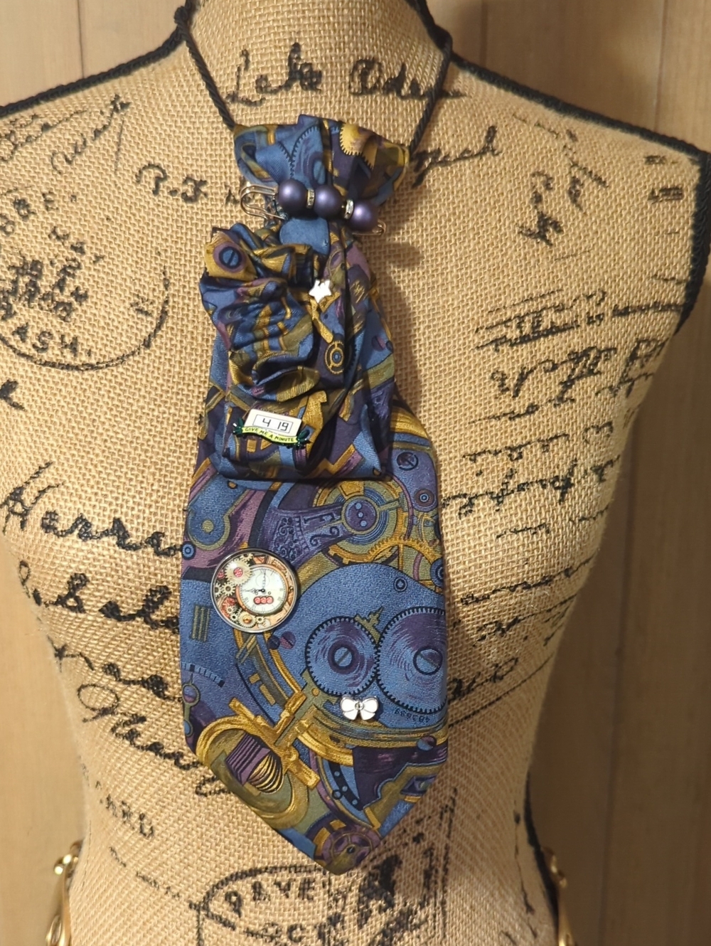 Silk Blue & Gold Steampunk Pattern Cravat - Unbranded